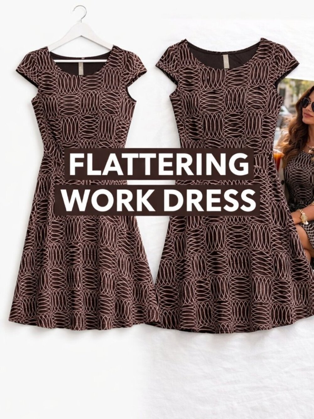 Enfocus Studio Fit & Flare Dress Sz 12 Brown White Geometric Work Office Casual
